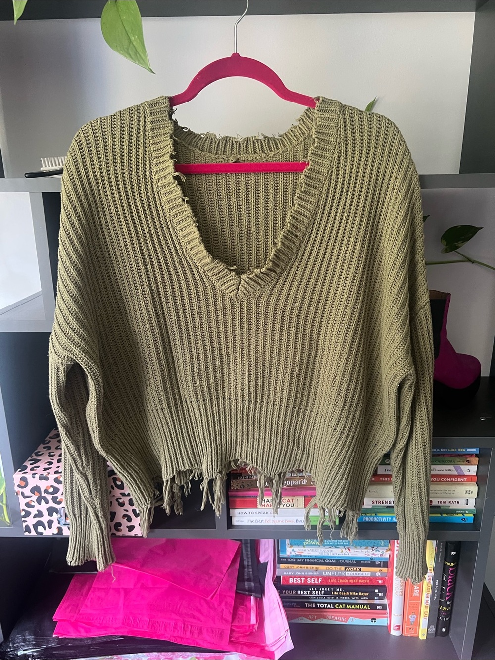 Olive Green Distressed V-Neck Sweater